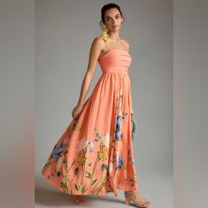 Anthropologie‎ Lorelei Peach Ruched-Bodice Floral Dress